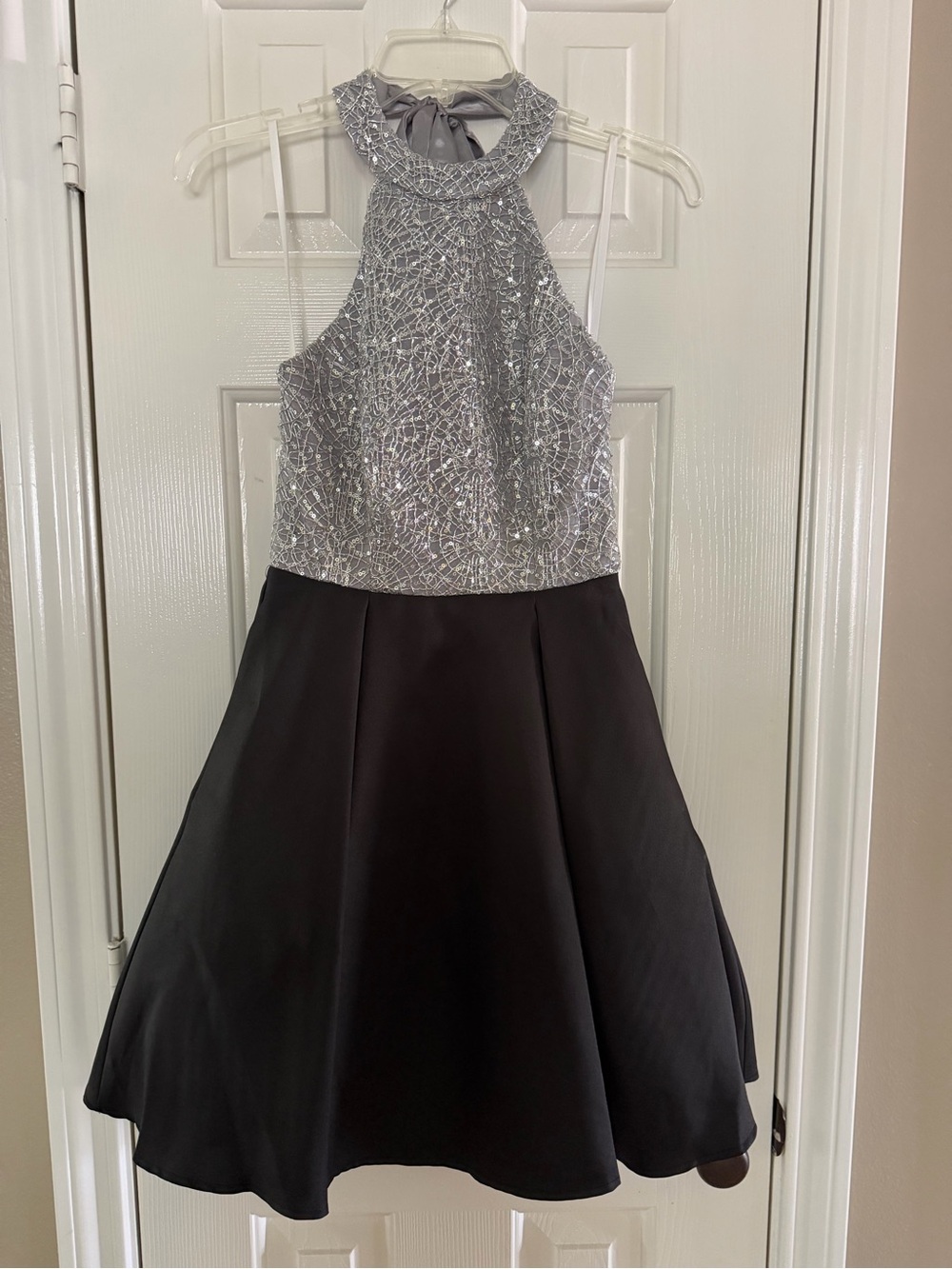 B Darlin Silver Sequined Halter Top Black Skater Dress